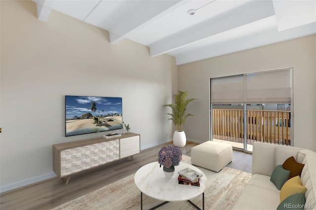 8060 E Girard Ave Unit 1005, Denver, CO 80231 - living room featuring wood finished floors and beamed ceiling