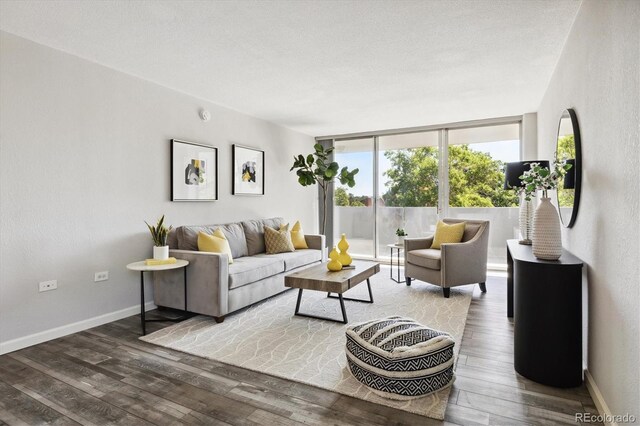 living room with dark hardwood / wood-style flooring and a wall of windows