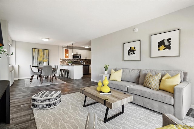 living room featuring dark wood-type flooring