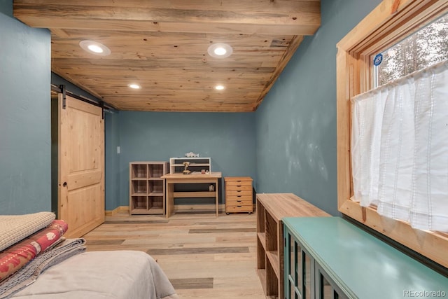146 Dynamite Dr, Black Hawk, CO 80422 - bedroom featuring wood ceiling, recessed lighting, a barn door, and wood finished floors