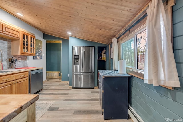146 Dynamite Dr, Black Hawk, CO 80422 - kitchen featuring stainless steel appliances, vaulted ceiling, tasteful backsplash, wooden ceiling, and light wood-style flooring