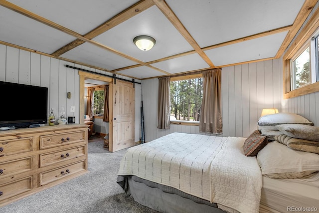 146 Dynamite Dr, Black Hawk, CO 80422 - bedroom featuring carpet floors, coffered ceiling, wooden walls, and a barn door