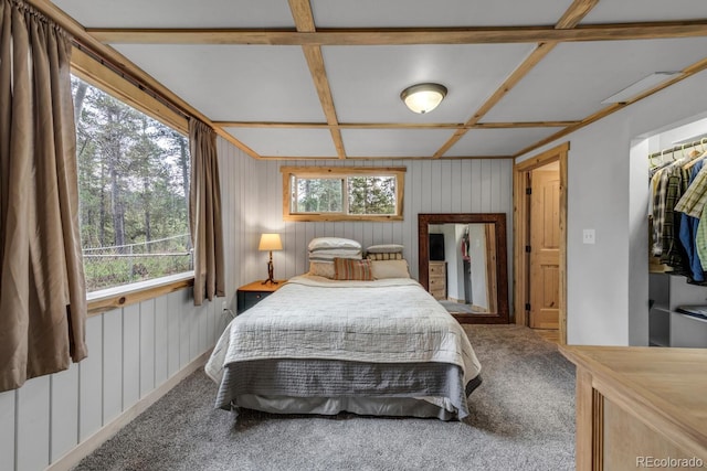 146 Dynamite Dr, Black Hawk, CO 80422 - carpeted bedroom with coffered ceiling, multiple windows, and wood walls