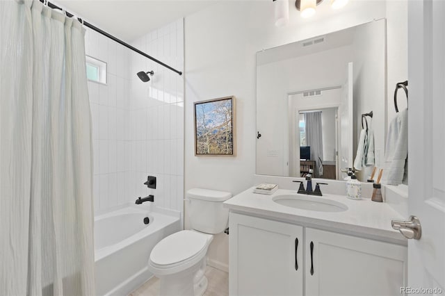 full bath featuring visible vents, shower / bathtub combination with curtain, vanity, and toilet