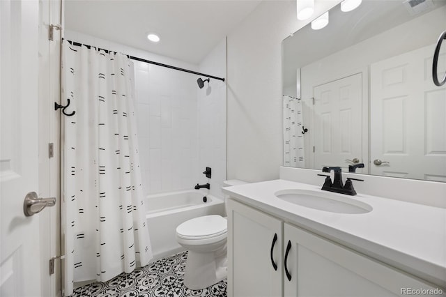 bathroom featuring vanity, shower / bathtub combination with curtain, visible vents, tile patterned floors, and toilet