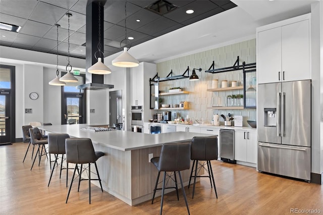 kitchen featuring beverage cooler, open shelves, stainless steel appliances, white cabinetry, and backsplash