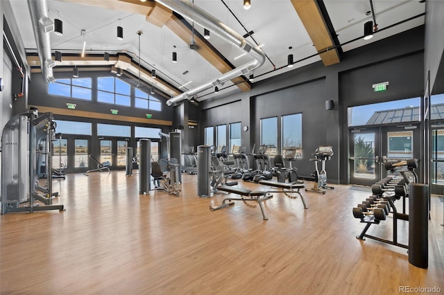 exercise room with track lighting, french doors, high vaulted ceiling, and wood finished floors