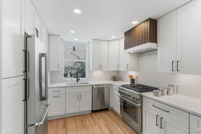 kitchen featuring sink, light hardwood / wood-style floors, white cabinets, and premium appliances