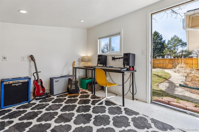 home office featuring recessed lighting