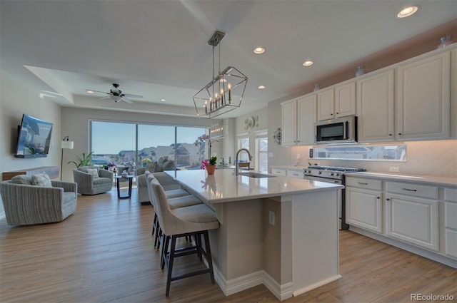 kitchen featuring a sink, light wood-type flooring, white cabinetry, and stainless steel appliances