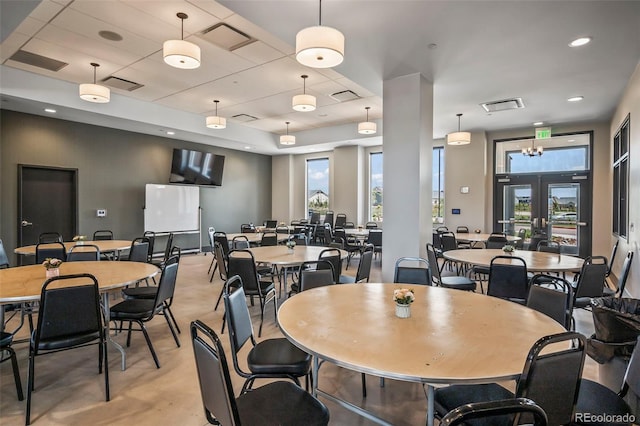 dining area with recessed lighting, french doors, and visible vents