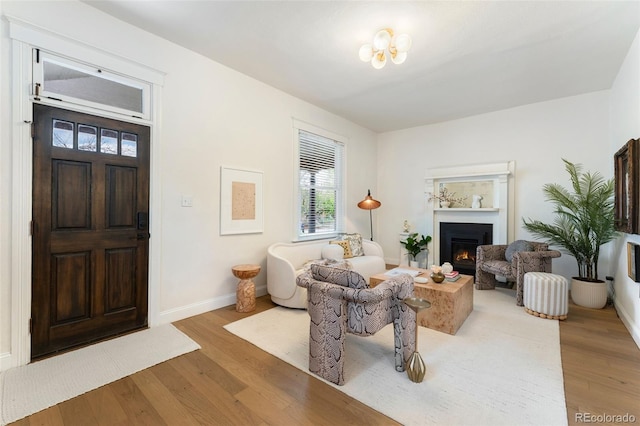 living area featuring baseboards, wood finished floors, a chandelier, and a lit fireplace