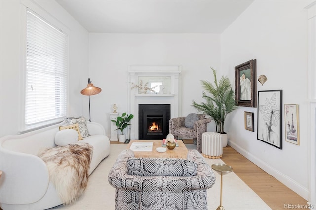 living area featuring baseboards, light wood finished floors, and a warm lit fireplace
