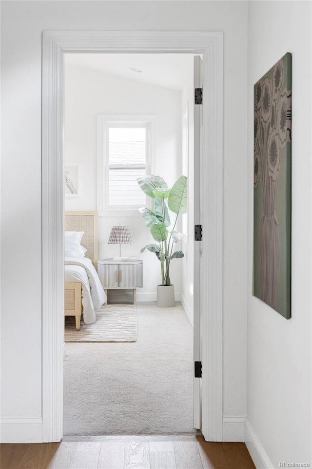 hall with baseboards and carpet flooring