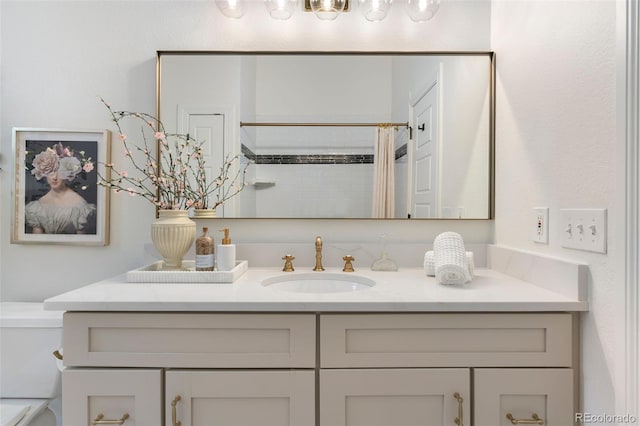 full bathroom with toilet, a shower with curtain, and vanity