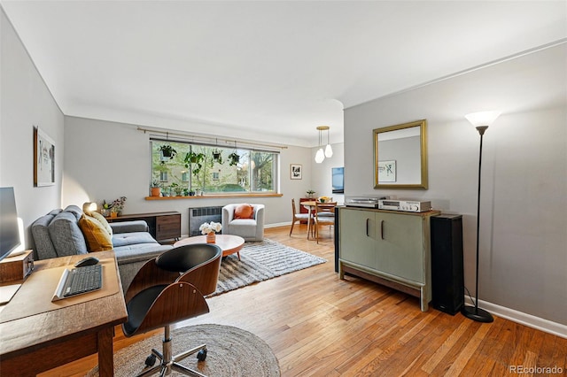 living room with radiator, baseboards, and light wood finished floors