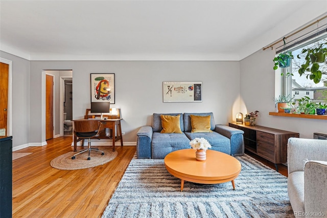 living area with baseboards and wood finished floors