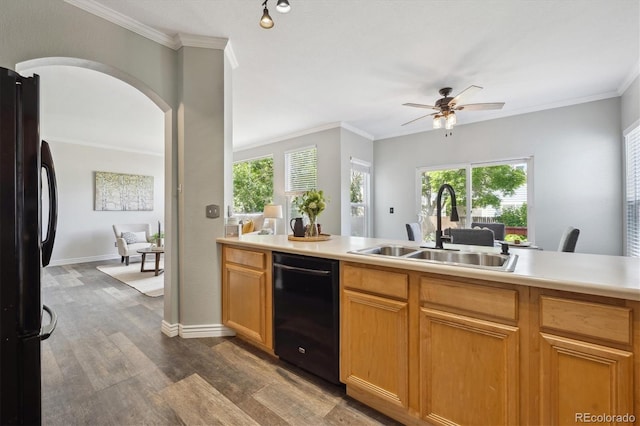 5193 E 119th Way, Thornton, CO 80233 - kitchen featuring black appliances, a sink, dark wood-style floors, ceiling fan, and light countertops