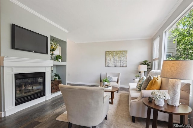 5193 E 119th Way, Thornton, CO 80233 - living area featuring ornamental molding, wood finished floors, a glass covered fireplace, and baseboards