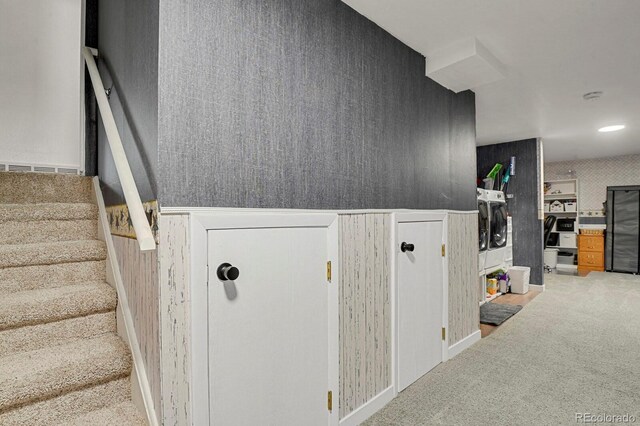 7784 Lewis St, Arvada, CO 80005 - staircase featuring carpet and washing machine and dryer