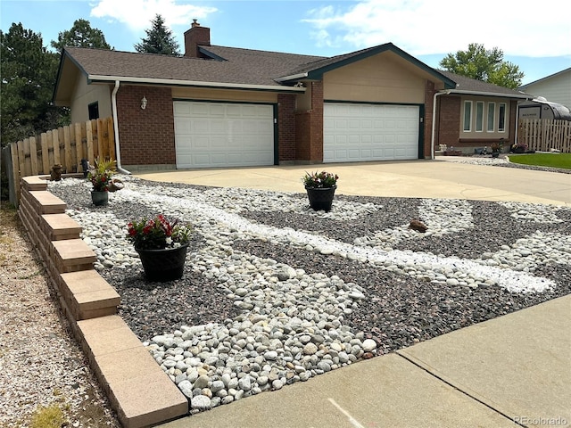 7784 Lewis St, Arvada, CO 80005 - ranch-style house featuring a garage, driveway, a chimney, brick siding, and a shingled roof