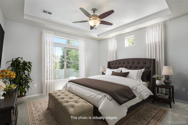 4873 Cathay Ct, Denver, CO 80249 - bedroom with a tray ceiling, carpet, baseboards, and ceiling fan