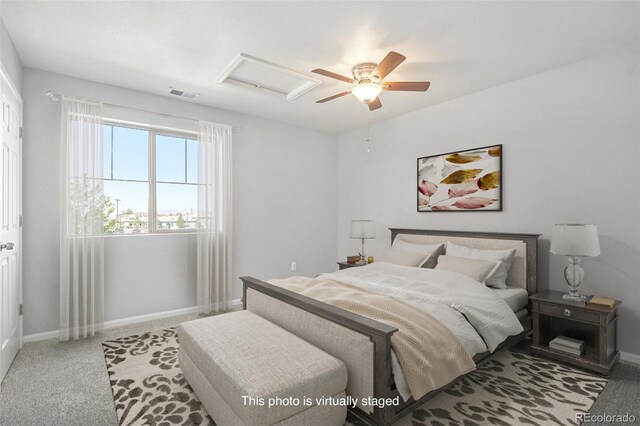 4873 Cathay Ct, Denver, CO 80249 - bedroom with attic access, baseboards, carpet floors, and a ceiling fan