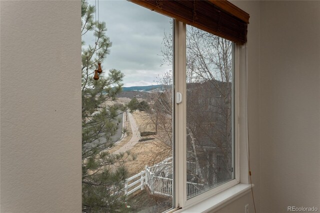 details with a textured wall and a mountain view