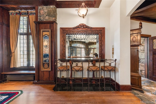 dining space featuring a baseboard radiator, baseboards, and wood finished floors