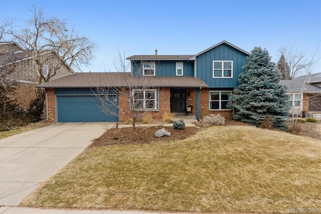 front facade featuring a garage and a front lawn