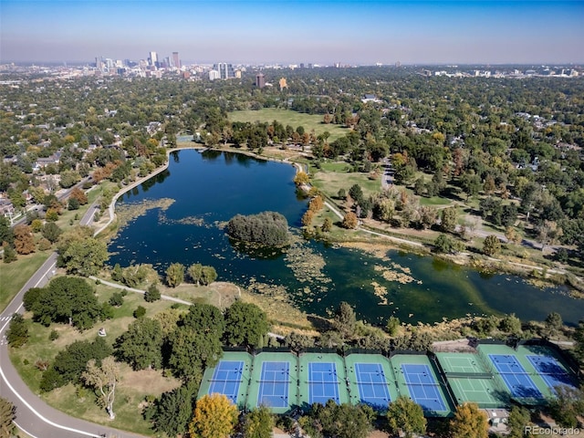 birds eye view of property featuring a water view