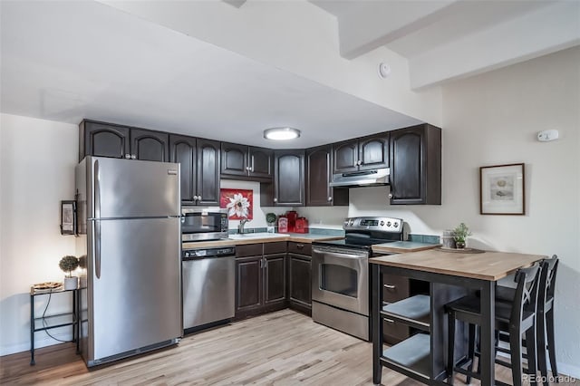 kitchen featuring under cabinet range hood, light wood finished floors, appliances with stainless steel finishes, and a sink