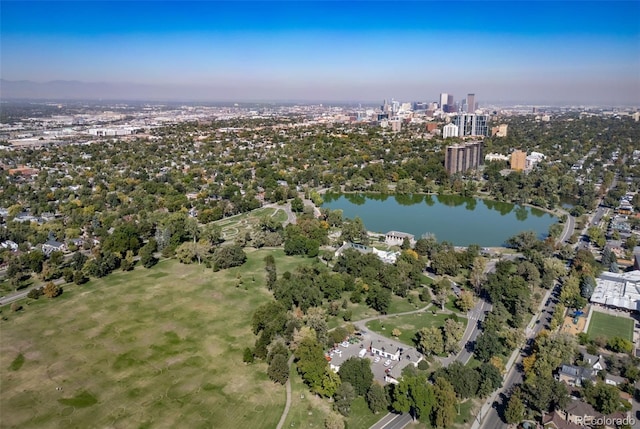 bird's eye view with a city view and a water view