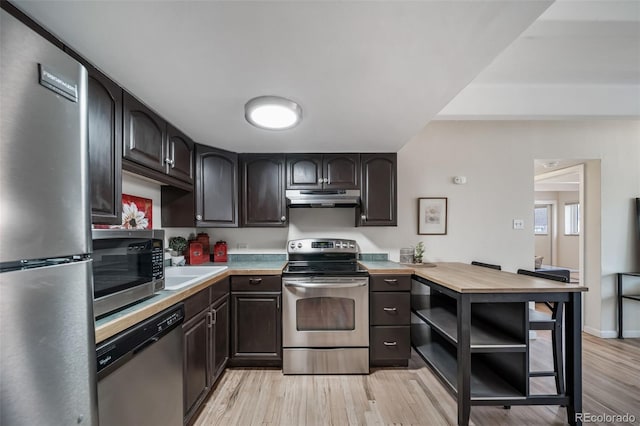 33 N Corona St Unit 205, Denver, CO 80218 - kitchen featuring stainless steel appliances, under cabinet range hood, light wood-style floors, dark brown cabinetry, and wooden counters
