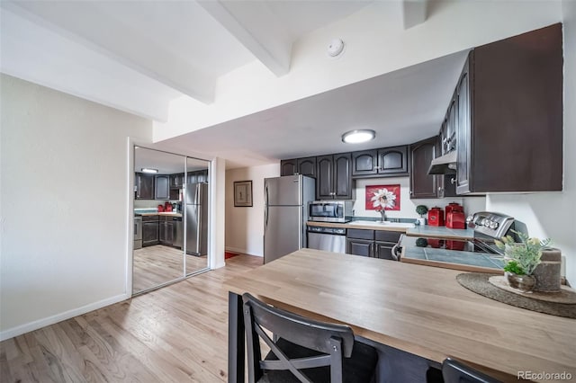 33 N Corona St Unit 205, Denver, CO 80218 - kitchen with stainless steel appliances, under cabinet range hood, light wood-style floors, baseboards, and beamed ceiling