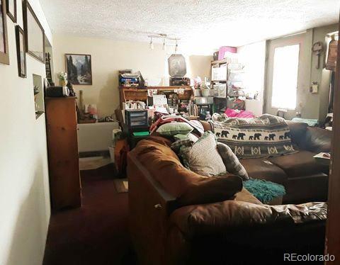 miscellaneous room featuring carpet and a textured ceiling