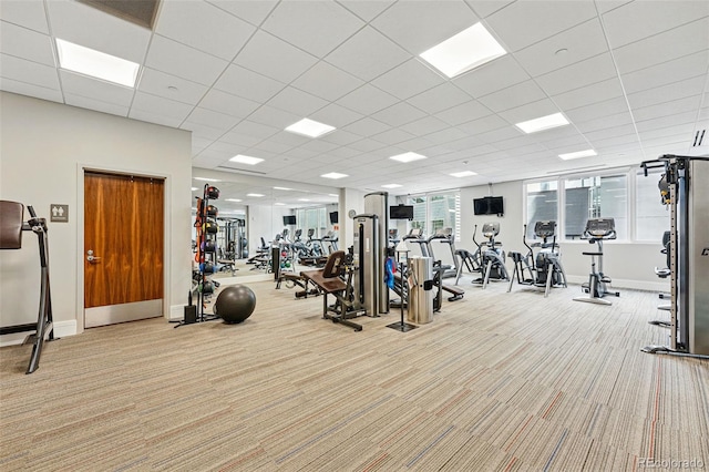 250 Columbine St Unit 310, Denver, CO 80206 - workout area with light colored carpet, a paneled ceiling, and baseboards