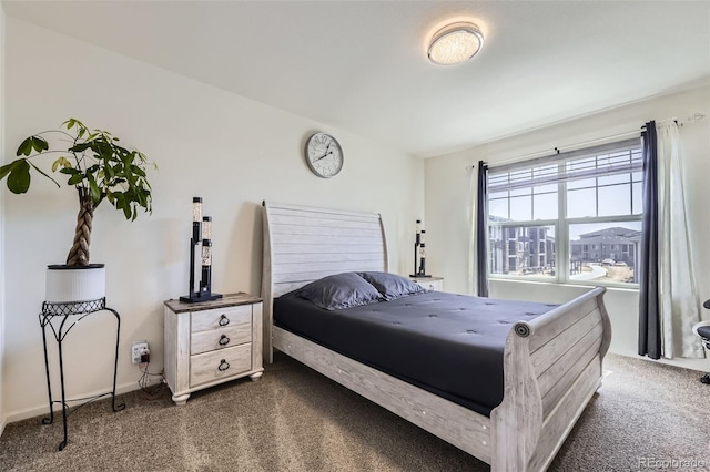 bedroom with dark carpet