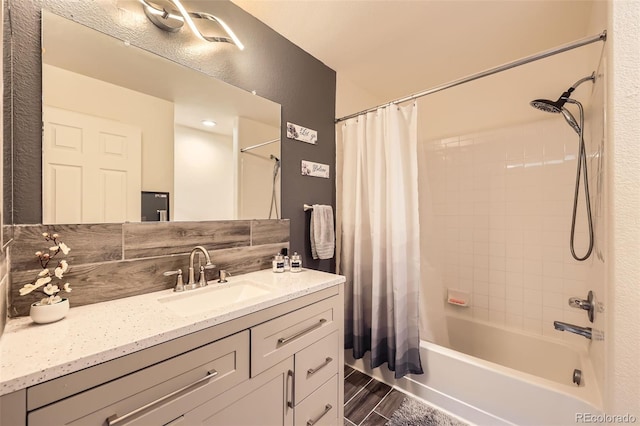 bathroom with vanity and shower / bathtub combination with curtain