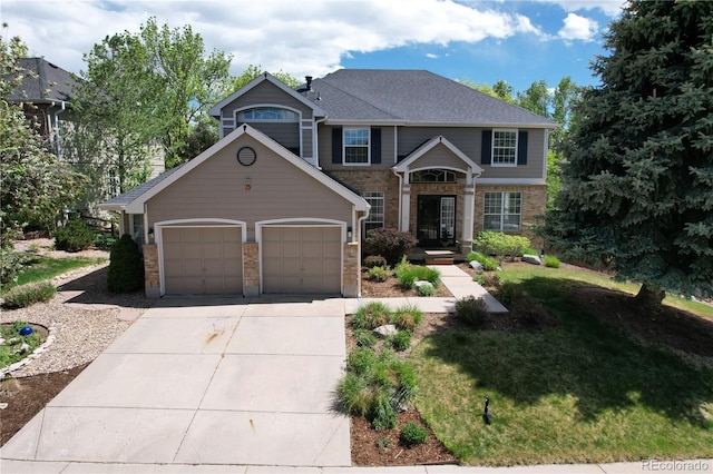 2141 Weatherstone Cir, Highlands Ranch, CO 80126 - view of front of house with concrete driveway, a garage, brick siding, and a front yard