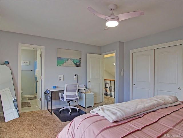 4506 Winewood Village Dr, Colorado Springs, CO 80917 - carpeted bedroom featuring a closet, ensuite bath, an office area, baseboards, and a ceiling fan