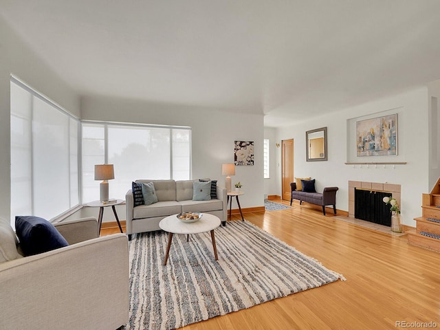 living room with a fireplace and hardwood / wood-style flooring