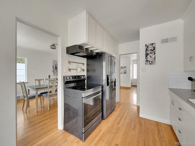 kitchen featuring stainless steel appliances, ventilation hood, light countertops, and white cabinetry