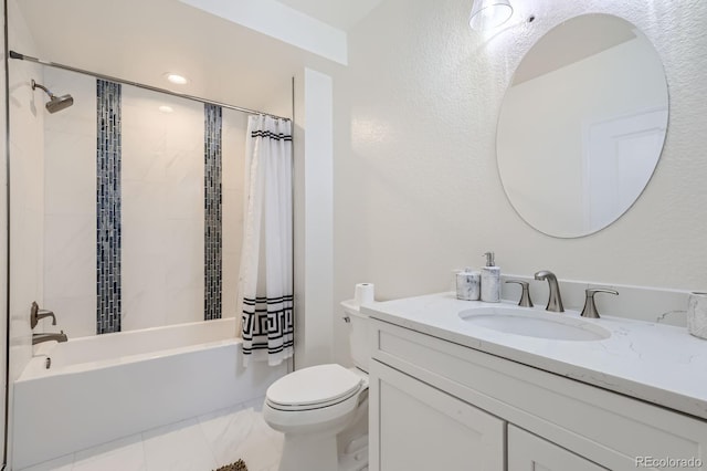 full bathroom featuring vanity, shower / tub combo with curtain, and toilet
