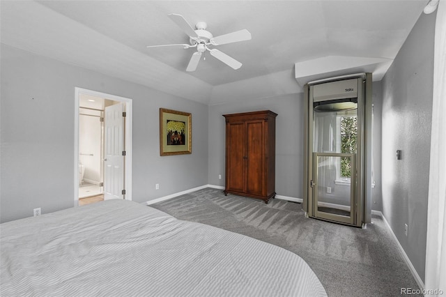 1564 S Uinta Way, Denver, CO 80231 - carpeted bedroom featuring lofted ceiling, baseboards, ceiling fan, and connected bathroom