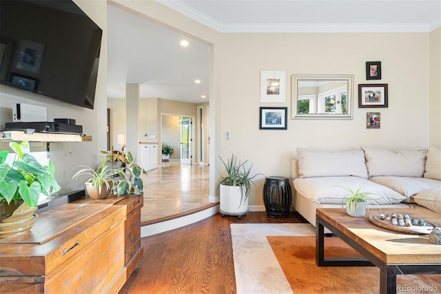 2873 Cortina Ln, Evergreen, CO 80439 - living room with wood finished floors, crown molding, and recessed lighting
