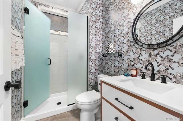 2873 Cortina Ln, Evergreen, CO 80439 - bathroom featuring a stall shower, vanity, wallpapered walls, and tile patterned flooring