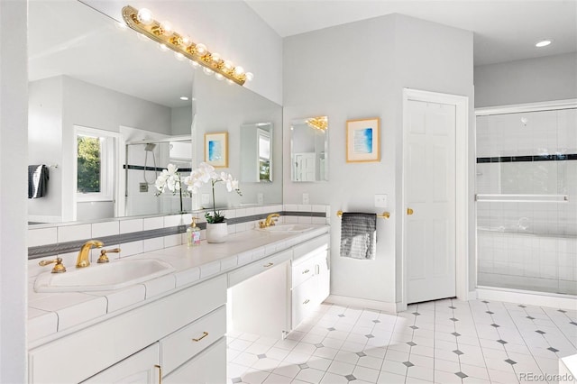 2873 Cortina Ln, Evergreen, CO 80439 - full bath with double vanity and a stall shower