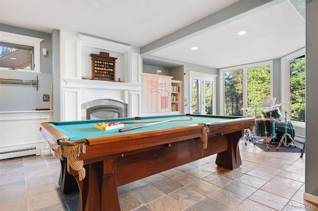 2873 Cortina Ln, Evergreen, CO 80439 - rec room featuring billiards, a tiled fireplace, stone tile floors, and recessed lighting