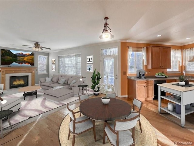 dining area featuring ornamental molding, a healthy amount of sunlight, sink, and light wood-type flooring